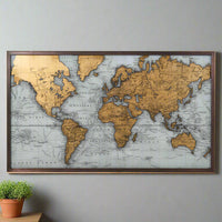 Exceptionally large print of the world in gold.&nbsp; &nbsp;A map of the world with all countries highlighted in gold, very effective, decorative wall art.&nbsp; &nbsp; This print has an antique, vintage quality. It is scholarly, elegant and slightly rustic, it would suit&nbsp; a traditional, eclectic&nbsp; or industrial modern interior.&nbsp; In a sitting room, study or bedroom a fascinating piece of wall art.&nbsp;&nbsp;