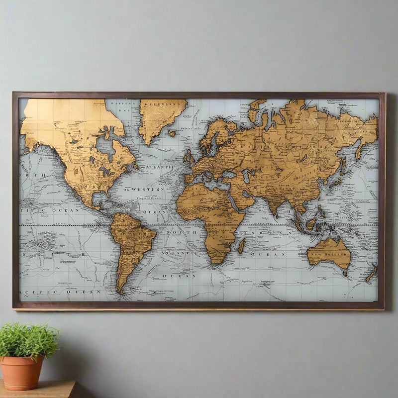 Exceptionally large print of the world in gold.&nbsp; &nbsp;A map of the world with all countries highlighted in gold, very effective, decorative wall art.&nbsp; &nbsp; This print has an antique, vintage quality. It is scholarly, elegant and slightly rustic, it would suit&nbsp; a traditional, eclectic&nbsp; or industrial modern interior.&nbsp; In a sitting room, study or bedroom a fascinating piece of wall art.&nbsp;&nbsp;