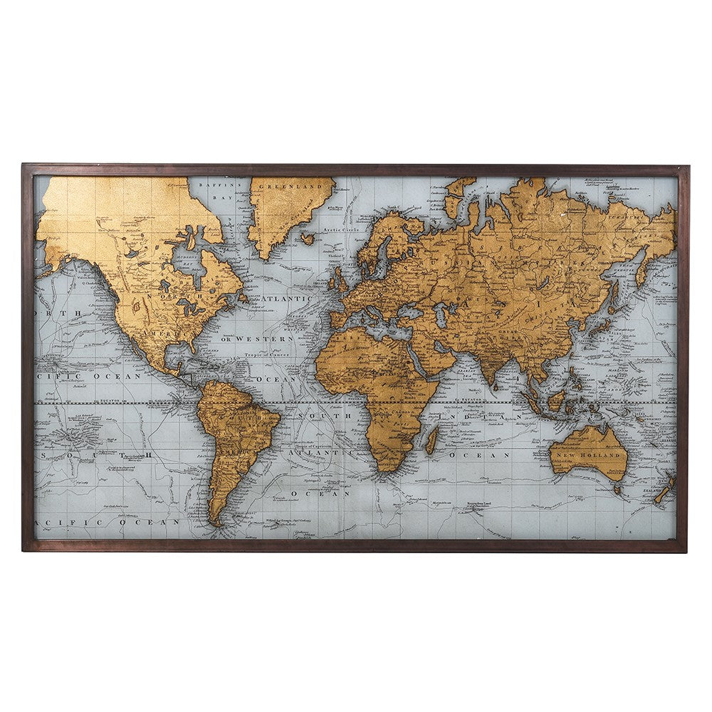 Exceptionally large print of the world in gold.&nbsp; &nbsp;A map of the world with all countries highlighted in gold, very effective, decorative wall art.&nbsp; &nbsp; This print has an antique, vintage quality. It is scholarly, elegant and slightly rustic, it would suit&nbsp; a traditional, eclectic&nbsp; or industrial modern interior.&nbsp; In a sitting room, study or bedroom a fascinating piece of wall art.&nbsp;&nbsp;