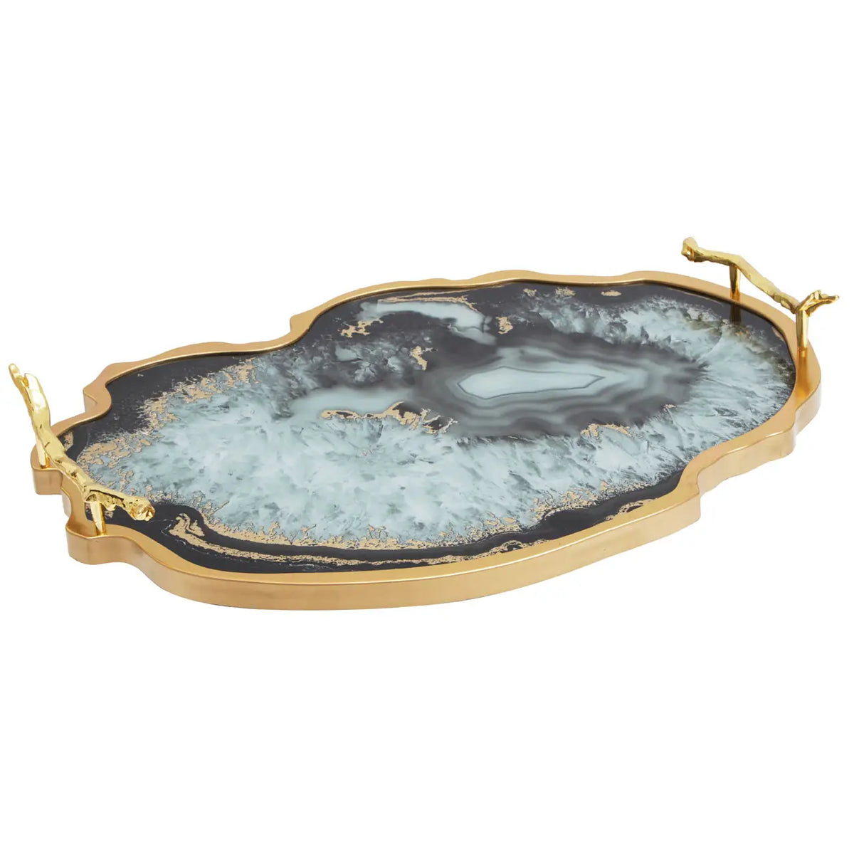 An absolutely stunning agate tray in a black and azure blue colour set in a brushed gold border with gilt styled handles. A perfect gift for the home that has everything.&nbsp;&nbsp; A touch of luxury on your table or as a luxurious gift !!