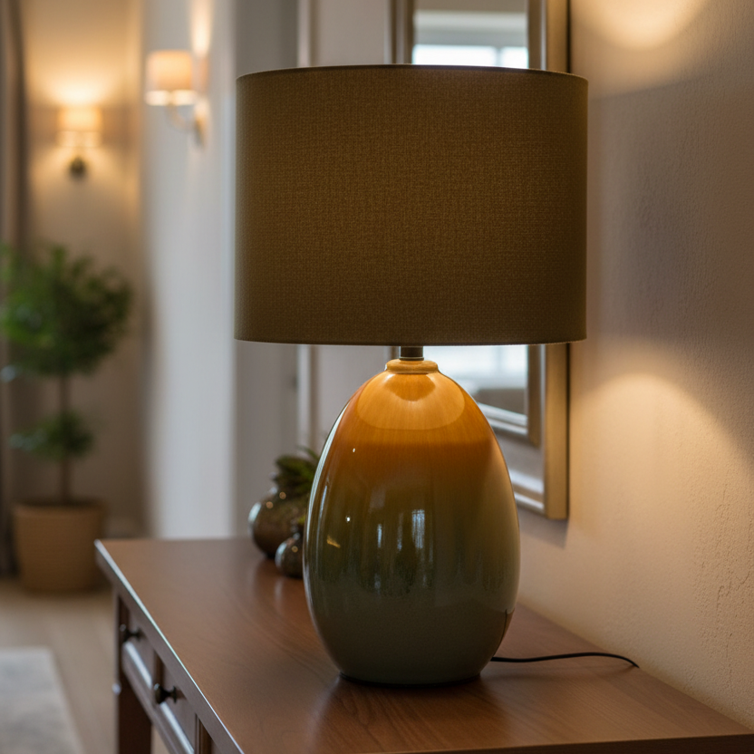A ceramic lamp in varying shades of green and brown in an ombre design climbing in the base.