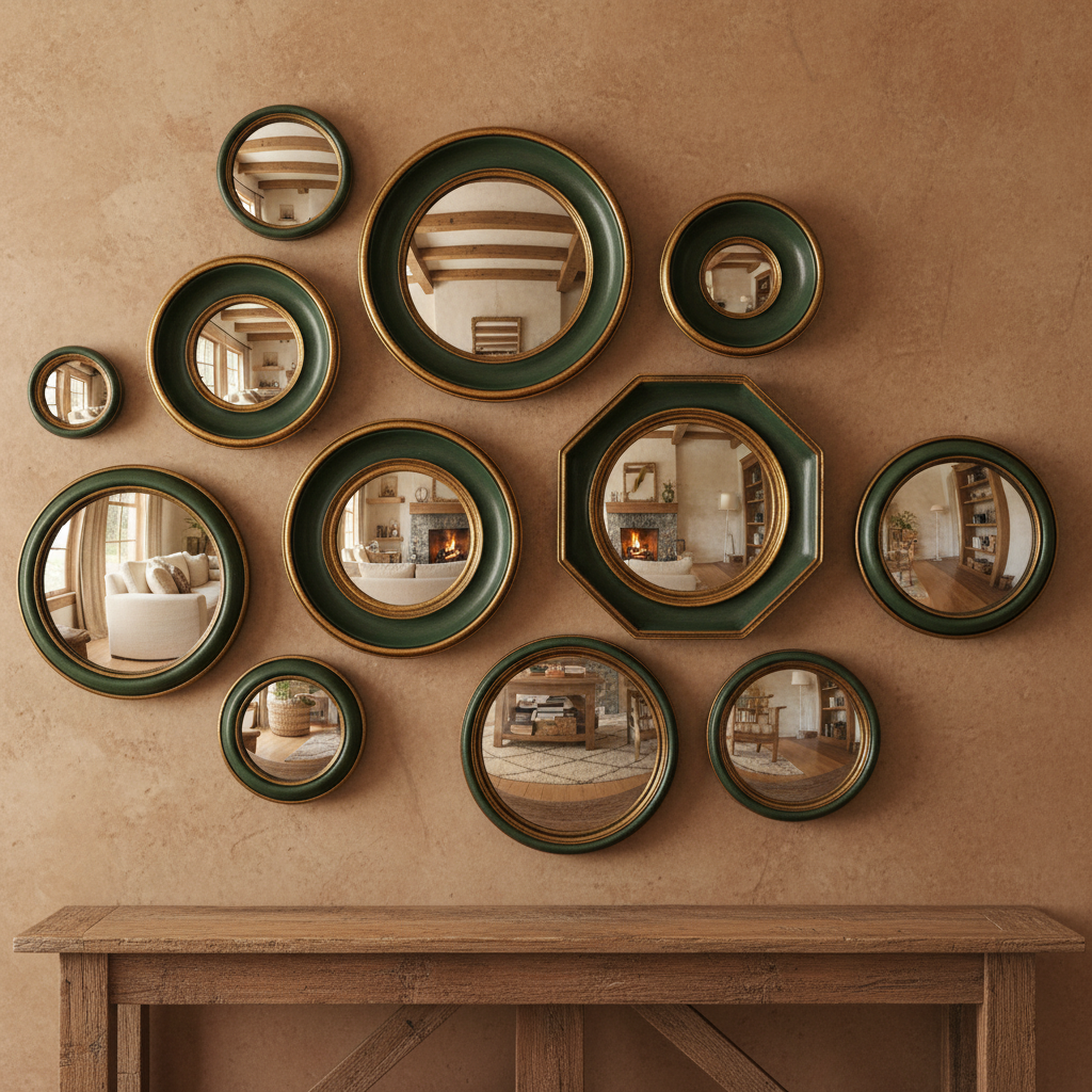 Mini convex Green & Gold framed mirrors which come in an assortment of sizes. This is a fantastic price and range which takes the headache out of creating your own wall