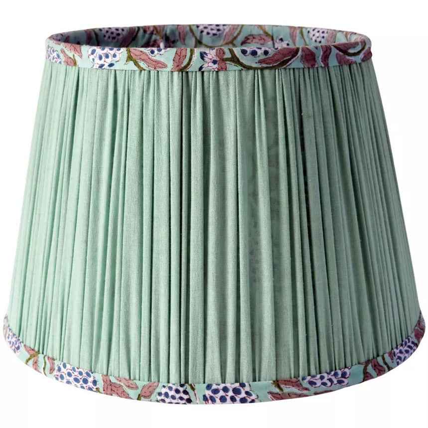 Cotton tapered lamp shade in mint green with pleated exterior and floral patterned interior, ideal for vintage or modern decor in 20cm, 35cm, or 40cm sizes.