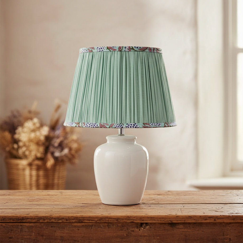 Cotton tapered lamp shade in mint green with pleated exterior and floral patterned interior, ideal for vintage or modern decor in 20cm, 35cm, or 40cm sizes.