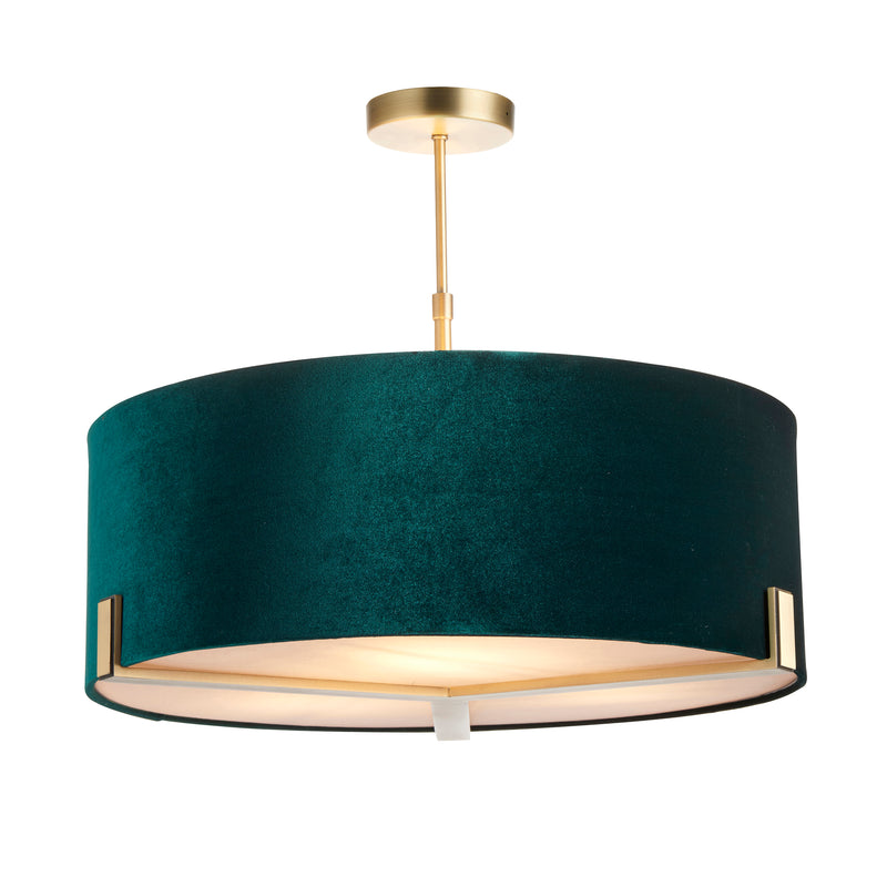 Green velvet shaded chandelier can be hung flush to the ceiling or lower, if you have height. Comes with a diffuser and the addition of a decorative metal cross to the base, colourful addition, perfect for a bedroom or living room.
