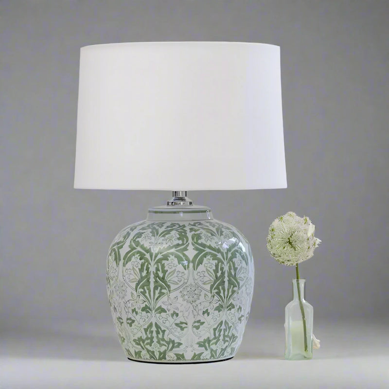 Green Ceramic Table Lamp with White Shade