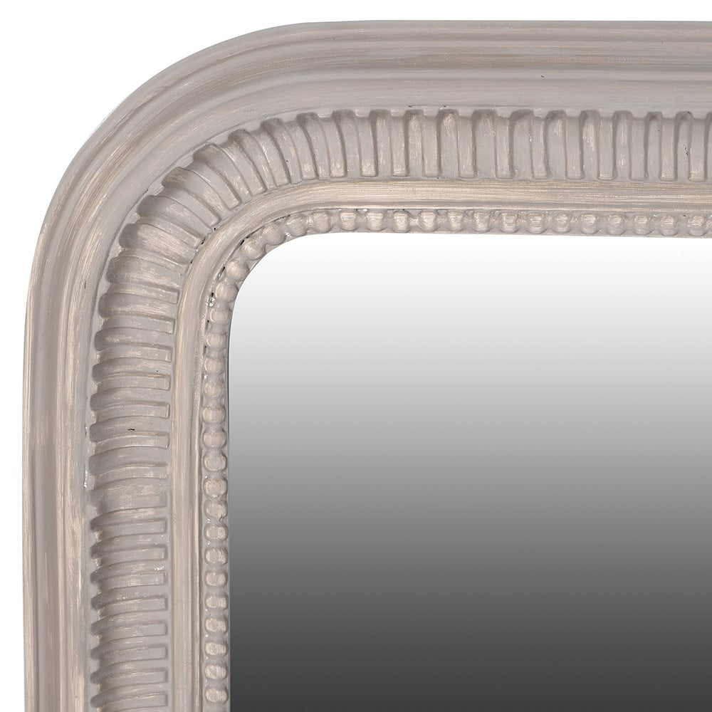 Ornate framed, arched mirror in a Scandi grey colour. A perfect overmantle mirror, that would look just as suitable in a bedroom or hall. A simple look but very effective, a copy of a 'Georgian' style mirror.