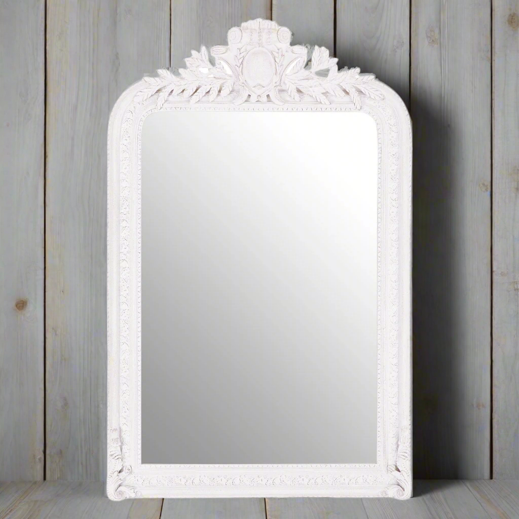 Pretty ornate grey mirror, a perfect overmantle mirror with a period feel, the crested mirror has a vintage feel, over a console in a hall, or over a fireplace, really great for a period home.&nbsp;