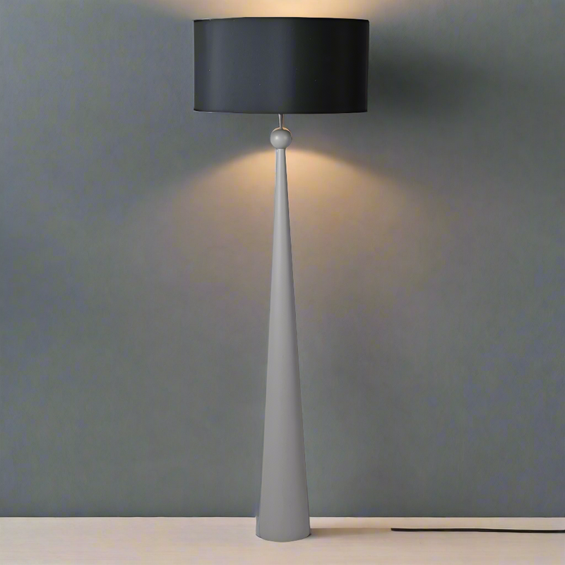 Grey painted wooden floor lamp with a round black shade, this lamp has a truly contemporary feel, perfect in a modern interior.