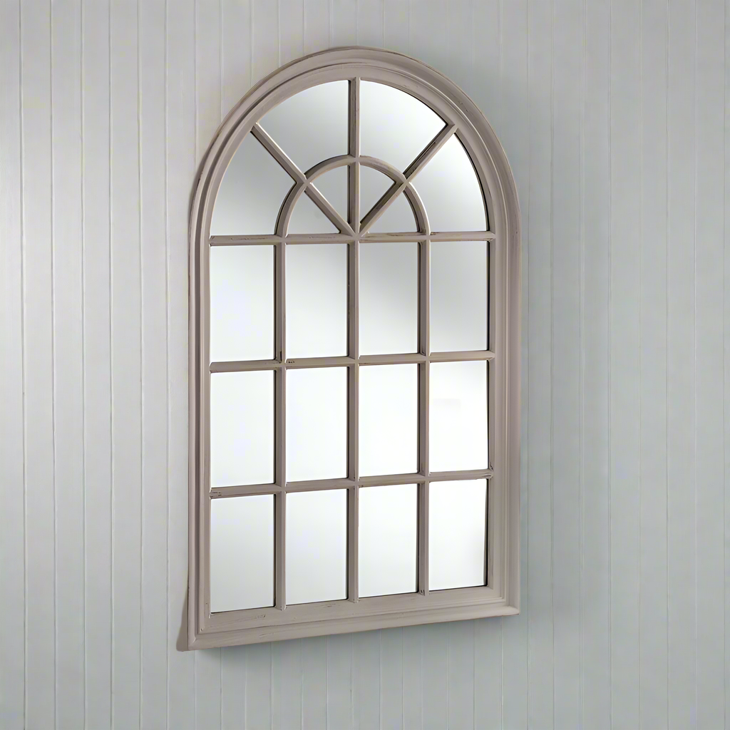 Distressed soft black finished, wooden, arched window mirror. These window mirrors work really well in a patio setting, flashing light into the darkest of areas.&nbsp;