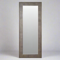 Tall grey wooden framed mirror in an ash grey oak colour.&nbsp; The frame has a parquet style pattern on the wood.&nbsp; A rustic modern aesthetic perfect in a contemporary home, farmhouse style interior and wherever you need a large mirror to open up the space in the room.&nbsp; Typically used in&nbsp; bedroom, entryway or as a statement in your living room.&nbsp; It can either be wall mounted or you could lean this grey wooden mirror against a wall.&nbsp;

H:&nbsp; 20 cm&nbsp; &nbsp;W:&nbsp; 80 cm