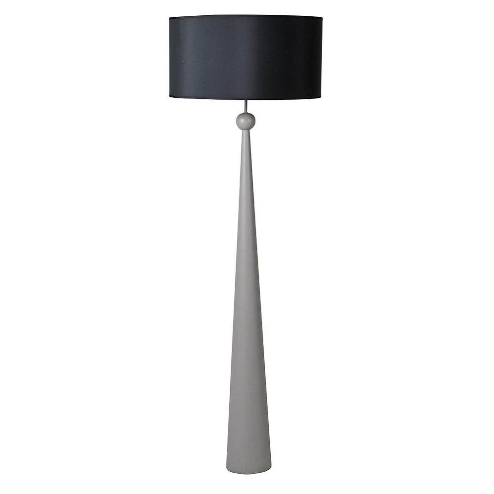 Grey painted wooden floor lamp with a round black shade, this lamp has a truly contemporary feel, perfect in a modern interior.&nbsp; The painted base works well against the large black shade, and an LED bulb is all that's needed to add a warm glow.