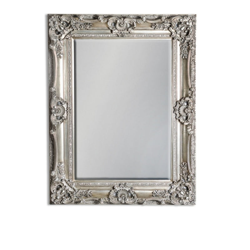 The Gunmetal Silver Ornate Mirror, measuring 118cm by 90cm, offers a sophisticated blend of classic elegance and traditional design.