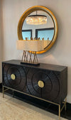 If you need an exceptionally large gold mirror - this is it ! This circular metal mirror is strong and sturdy but the overall impression it gives is of elegant grandeur and the bevelled glass adds so much extra light to any space.