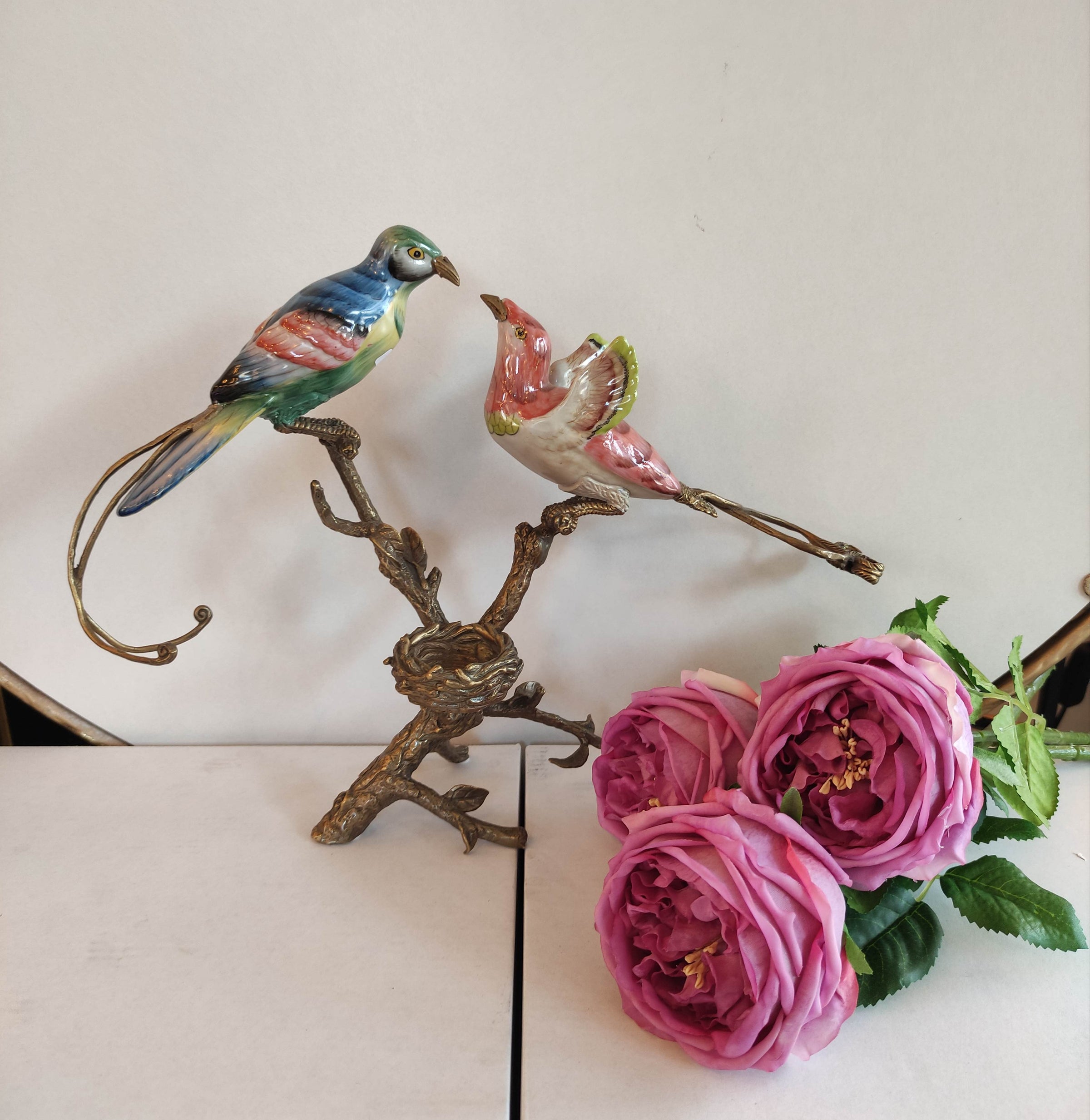 Bronze & Porcelain Birds Nest Candleholder - Artistic Design