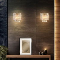 Icicle shard wall light with textured glass panels  and aged brushed brass metal fittings in a luxury room