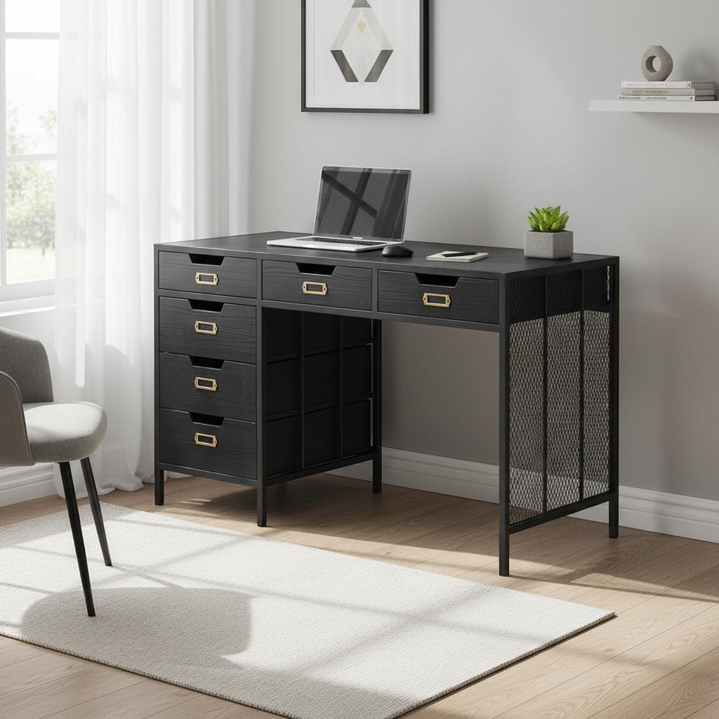 Wooden 6 drawer desk in an industrial finish. Painted black wooden and metal finish. A substantial desk, made to last in a very stylish finish.