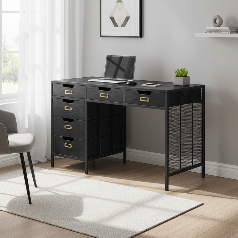 Wooden 6 drawer desk in an industrial finish. Painted black wooden and metal finish. A substantial desk, made to last in a very stylish finish.