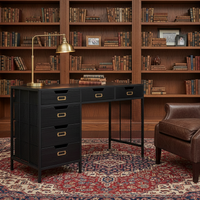 Wooden 6 drawer desk in an industrial finish. Painted black wooden and metal finish. A substantial desk, made to last in a very stylish finish. 