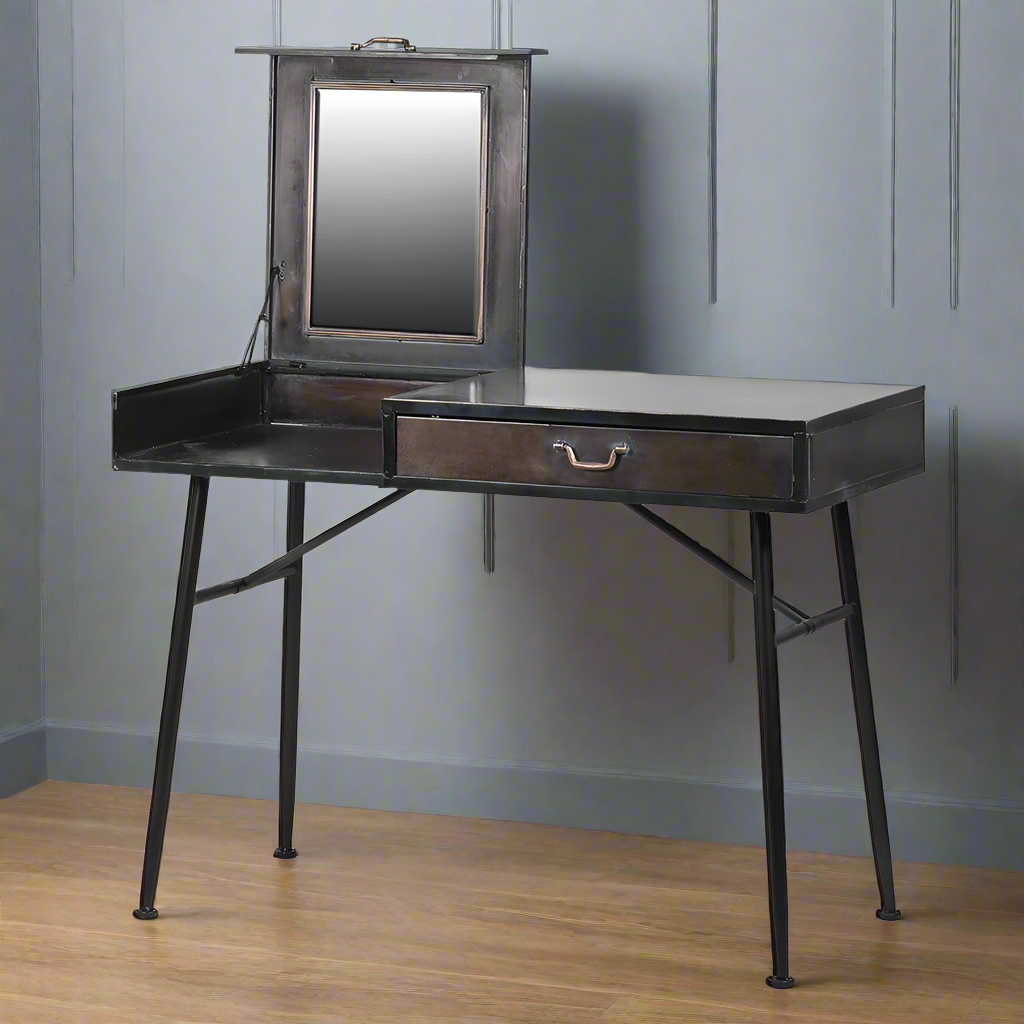 An industrial metal dressing table/desk with an integral mirror and drawers. Can be used in home office or bedroom, great, useful adaptable table.  