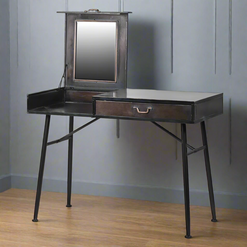 An industrial metal dressing table/desk with an integral mirror and drawers. Can be used in home office or bedroom, great, useful adaptable table.  