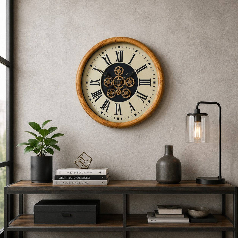 This large industrial wall clock combines a warm wood-effect frame with a cream clock face, bold black Roman numerals and an exposed gear-style centre.