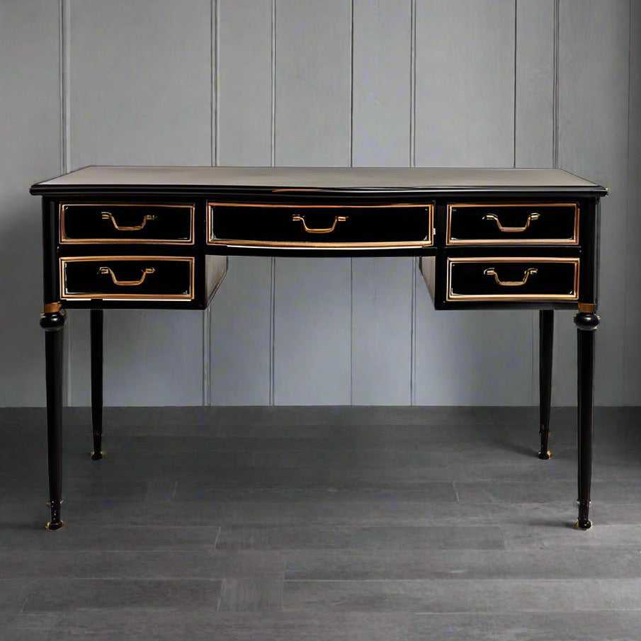Black and gold industrial desk with five drawers
