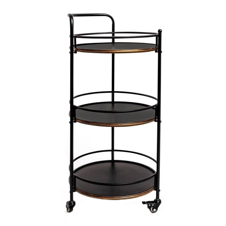 Black metal serving cart with three round shelves on a white background