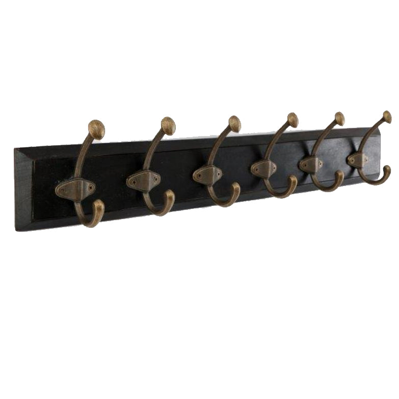 Iron Hooks on Dark Wooden Base - 6 Hooks