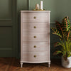 Wooden Five Drawer Tallboy - Soft Off White Finish with curved front and brass knobs, ideal for bedroom or living room storage.
