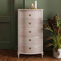 Wooden Five Drawer Tallboy - Soft Off White Finish with curved front and brass knobs, ideal for bedroom or living room storage.