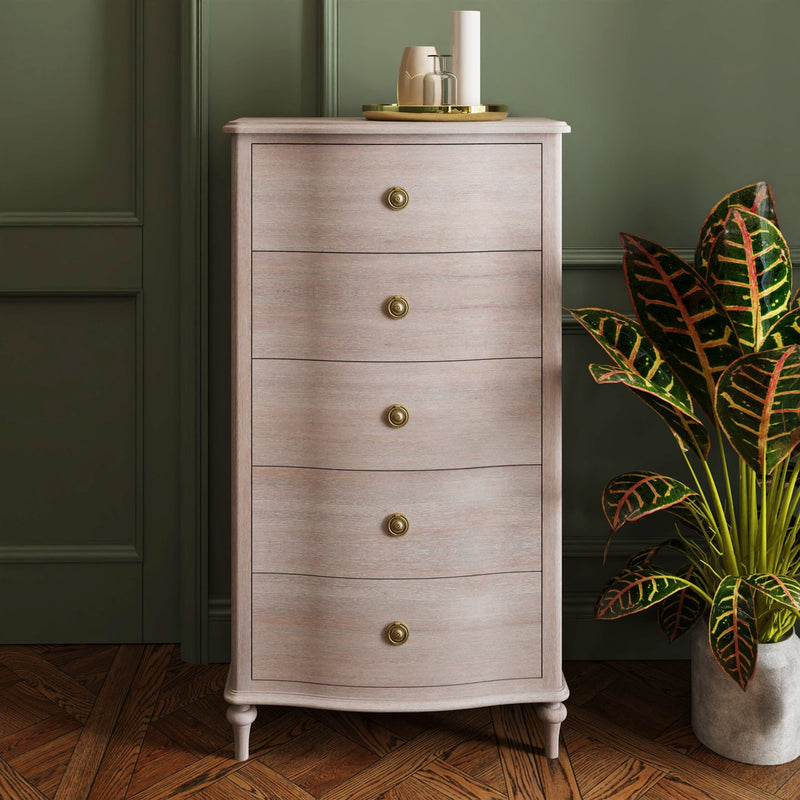 Wooden Five Drawer Tallboy - Soft Off White Finish with curved front and brass knobs, ideal for bedroom or living room storage.