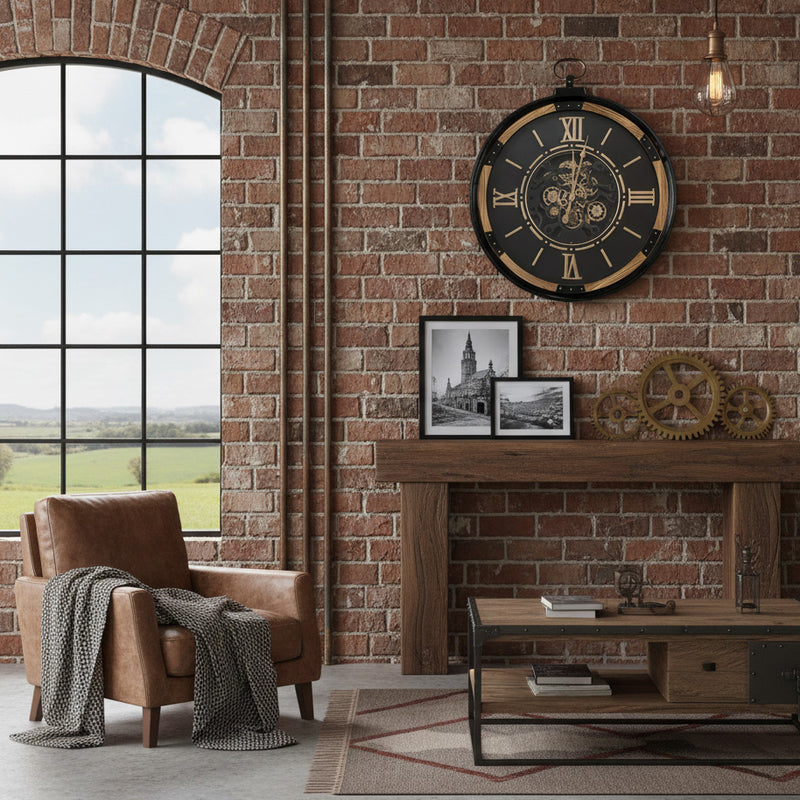 Wall clock with moving cogs and an antiqued black face. Black metal & wooden rim A great moving clock, large enough to be a real statement. 