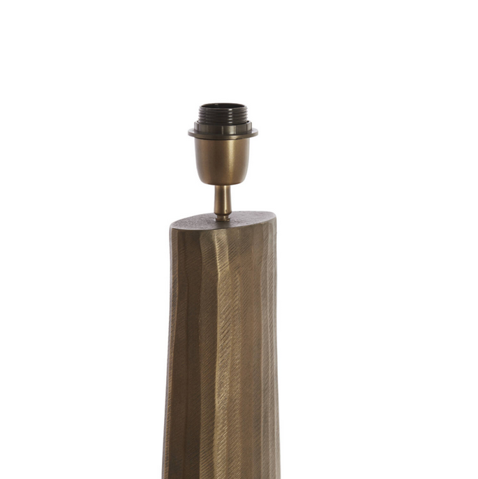 This floor lamp features a finely crafted textured bronze base. The surface is subtly ridged with organic vertical striations, giving it a hand-finished, artisanal look