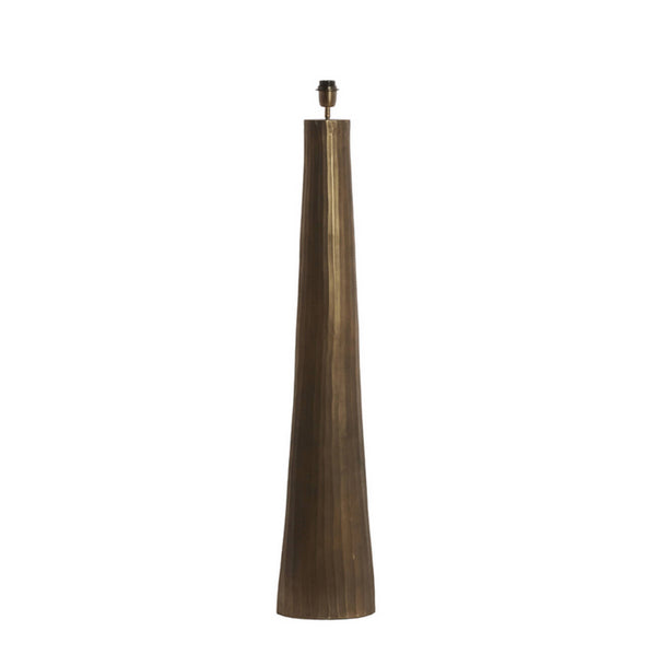 This floor lamp features a finely crafted textured bronze base. The surface is subtly ridged with organic vertical striations, giving it a hand-finished, artisanal look