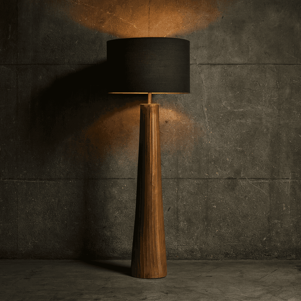 This floor lamp features a finely crafted textured bronze base. The surface is subtly ridged with organic vertical striations, giving it a hand-finished, artisanal look