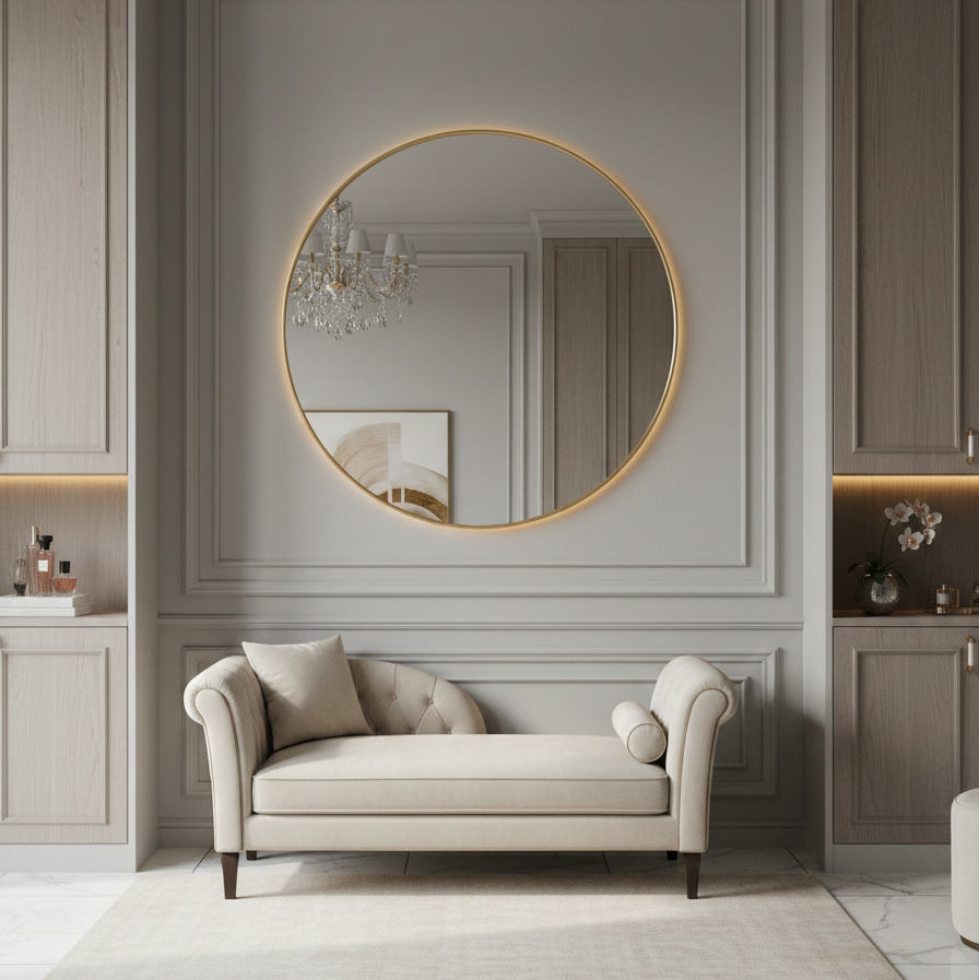 The slim gilt frame on this mirror just accentuates the beauty of large glass, a lot of mirror in a simple, elegant, round frame.  This mirror suits any room and will add light, from every direction to any room.