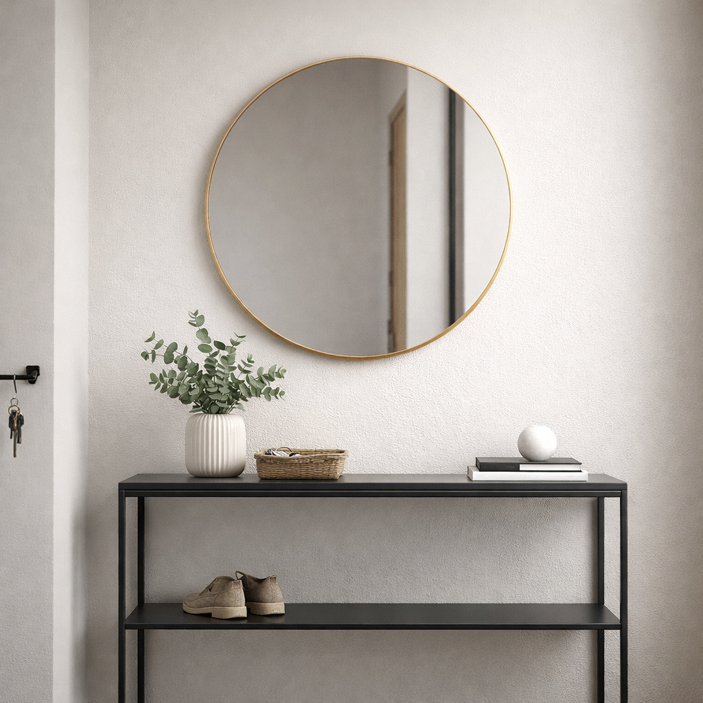 The slim gilt frame on this mirror just accentuates the beauty of large glass, a lot of mirror in a simple, elegant, round frame.  This mirror suits any room and will add light, from every direction to any room.