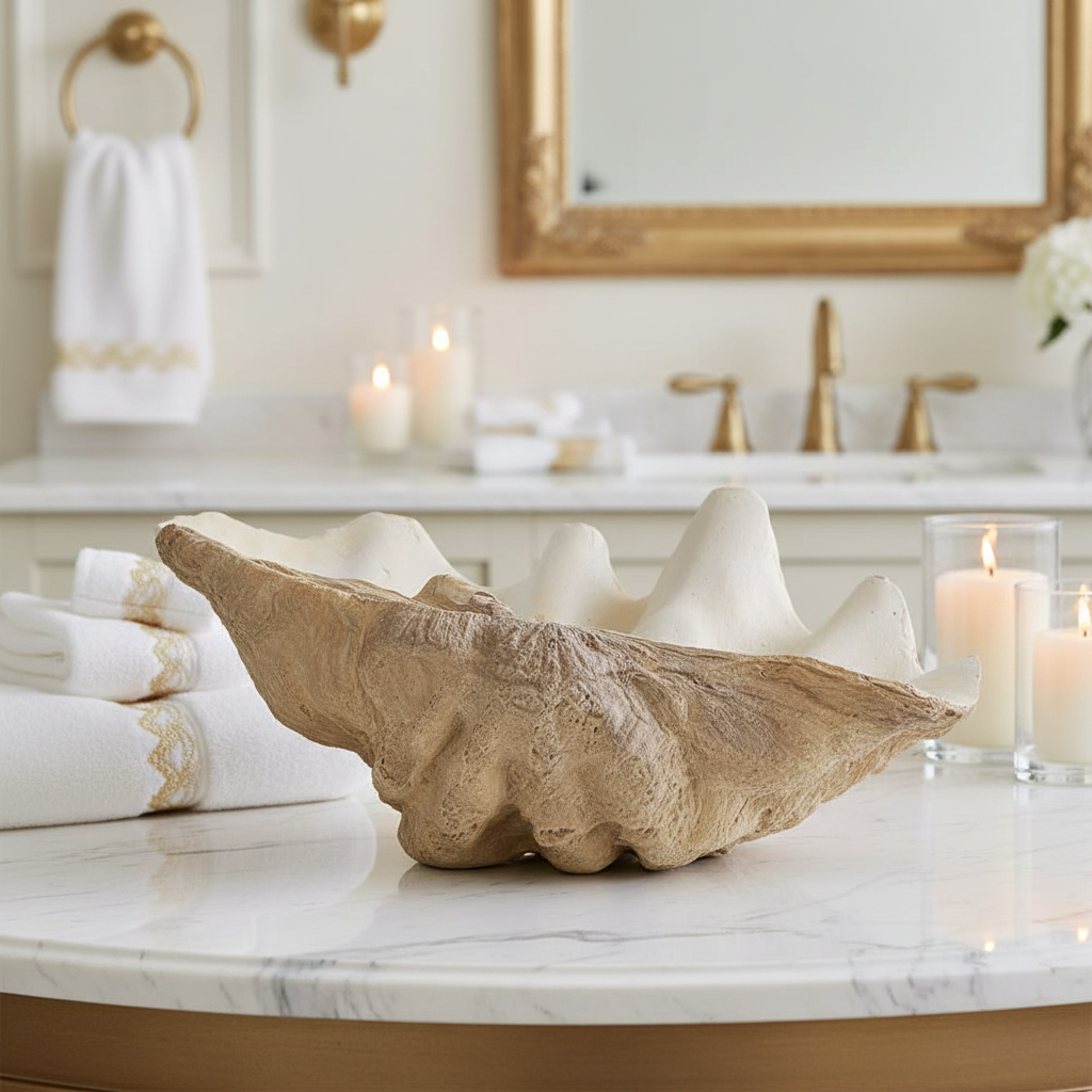 Large decorative shell bowl used for bathroom storage