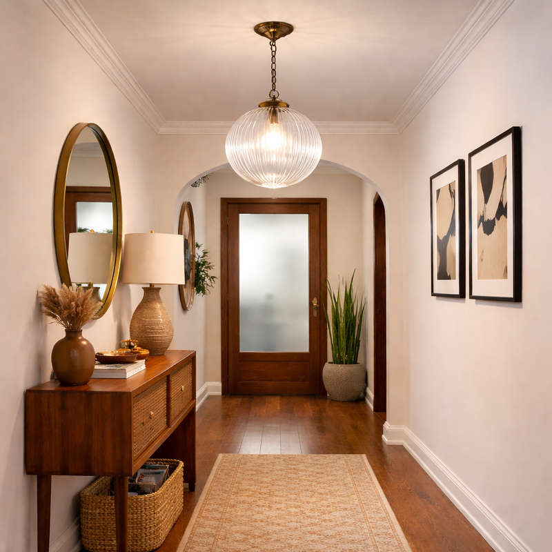 This oversized ribbed glass pendant will add a simple but elegant feel to any hall or stairwell, a simple design but on a large scale. 