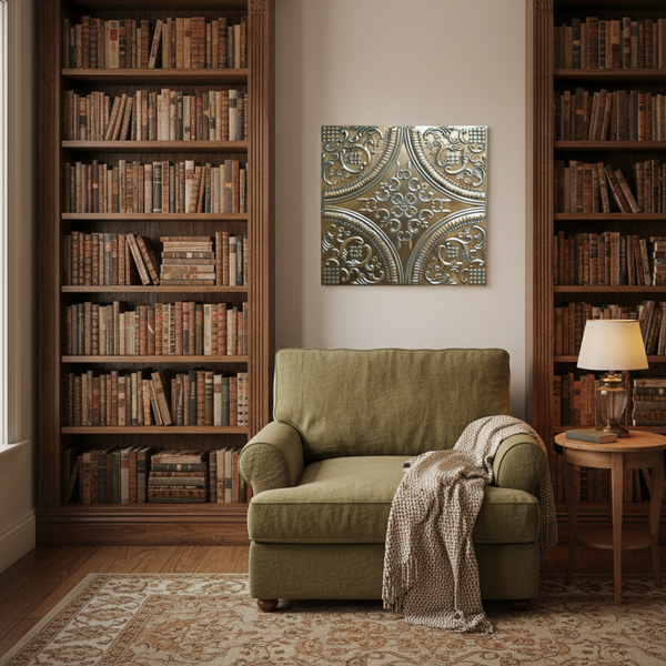 Green armchair in a room with bookshelves and decorative wall art