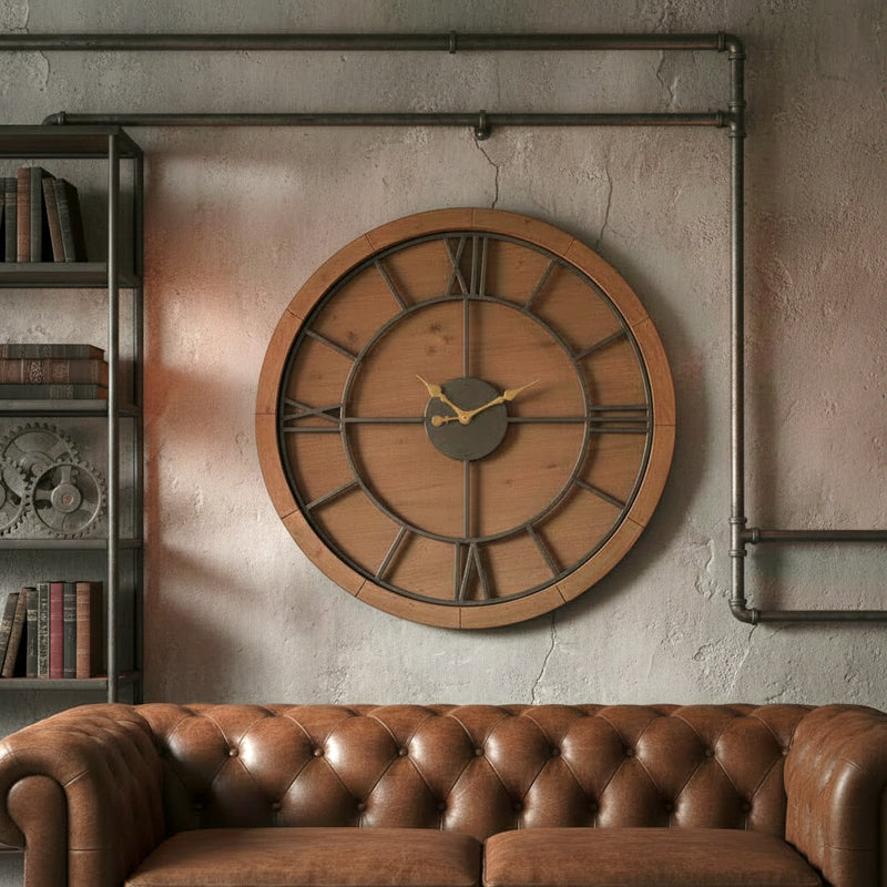 Large round wooden framed iron skeleton clock, a real statement clock in an industrail setting