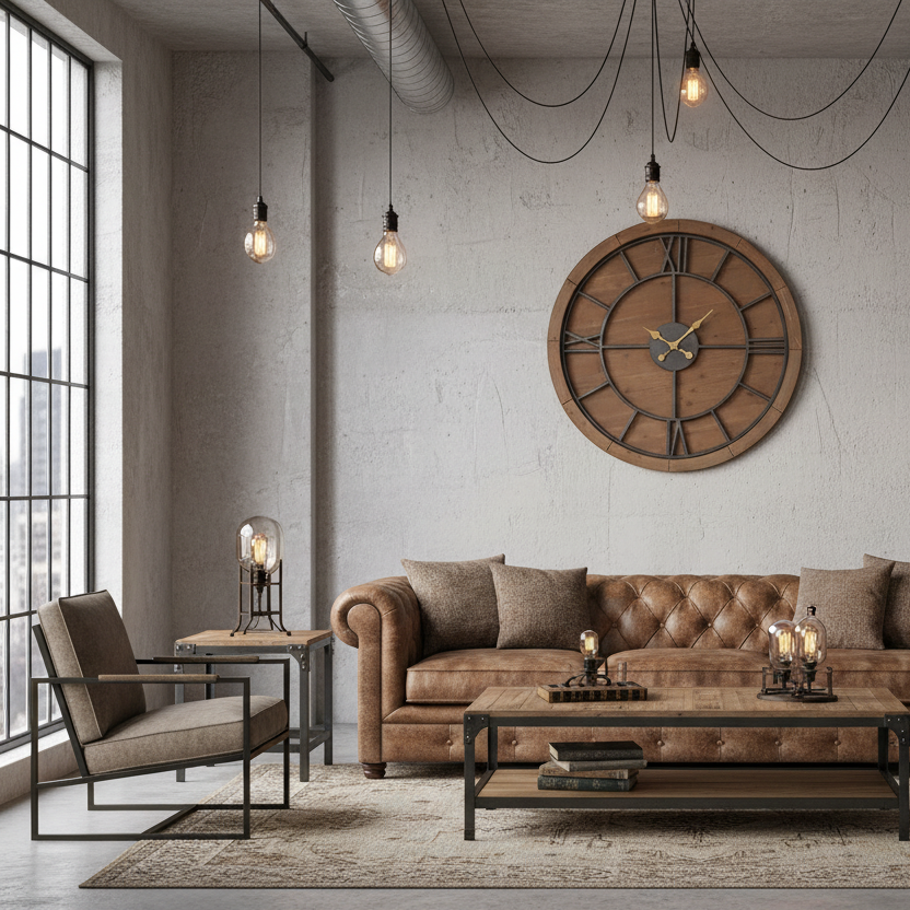 Large round wooden framed iron skeleton clock, a real statement clock in an industrail living room