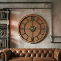 100cm round wooden framed iron skeleton clock, a real statement clock in an industrial setting
