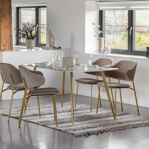Large Dining Table With Faux White Marble Glass Top & Gold Legs - 160 cm