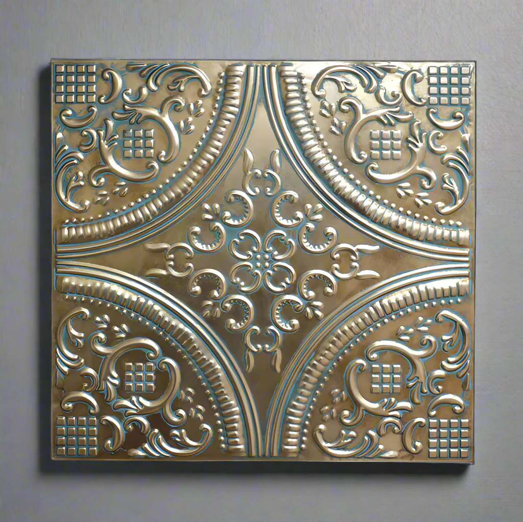 Substantial, gilt metal wall decor.&nbsp; A great way of adding interest to any wall, these square metal plaques are intricately carved giving a Moroccan feel. Two or three of these panels across a wall in a living room, hall or patio add a particluar stylish look. Easy to hang and a realy striking display. An alternative display on an empty wall.