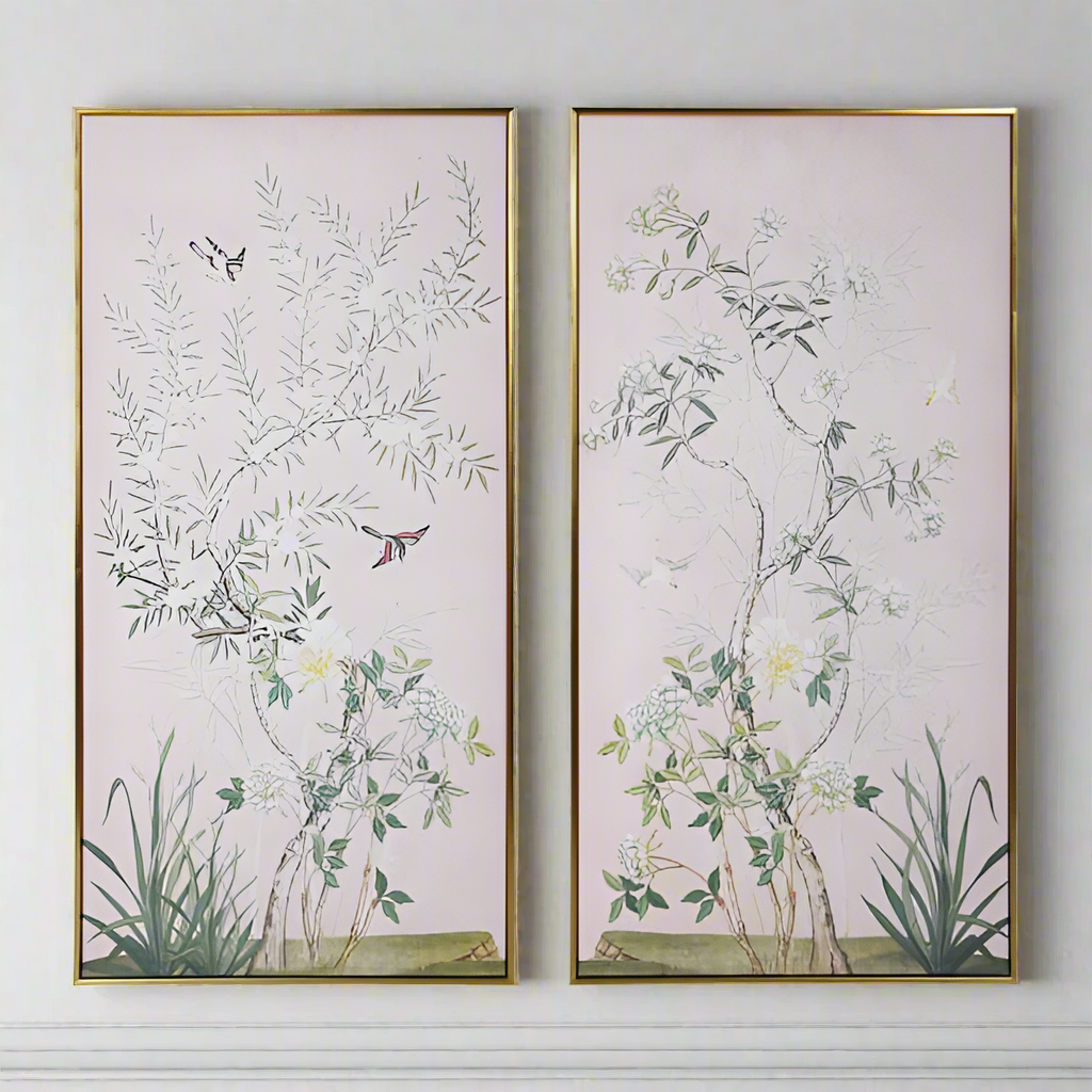 This large vertical canvas showcases a refined chinoiserie design beautifully set against a soft pink background.&nbsp; &nbsp;A gold gilted wooden frame lifts the entire picture giving a touch of elegance to add to your walls.&nbsp; Add ambience and character to your living room, bedroom, dining area, or hallway with these refined prints

This Chinois canvas can be purchased singularly or as a pair.