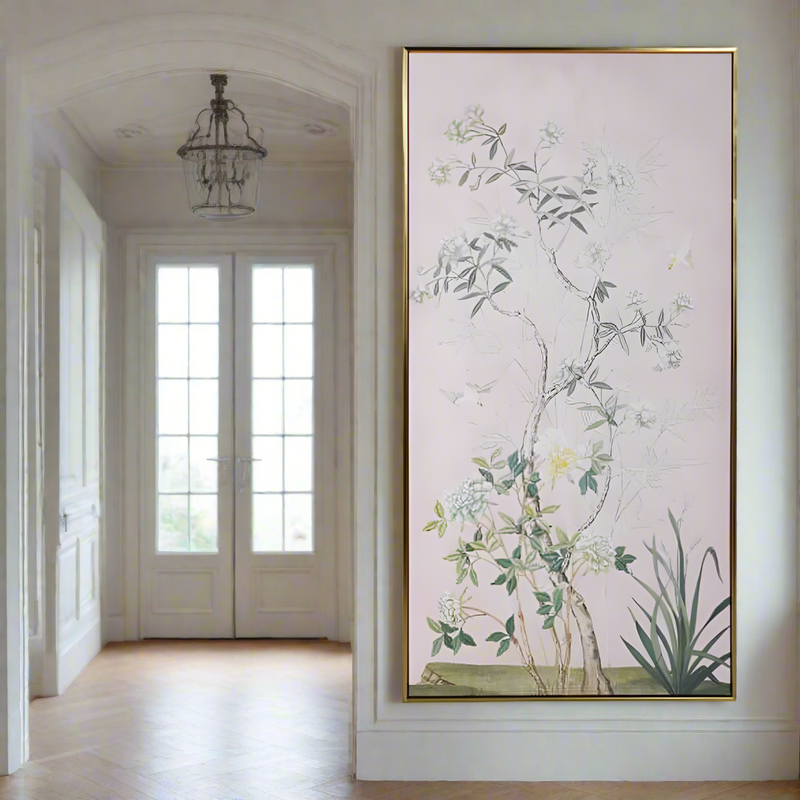 This large vertical canvas showcases a refined chinoiserie design beautifully set against a soft pink background.&nbsp; &nbsp;A gold gilted wooden frame lifts the entire picture giving a touch of elegance to add to your walls.&nbsp; Add ambience and character to your living room, bedroom, dining area, or hallway with these refined prints.&nbsp; We have a range of prints of different subjects and sizes on our website for you to peruse - well worth a look.

This Chinois canvas can be purchased singularly or a
