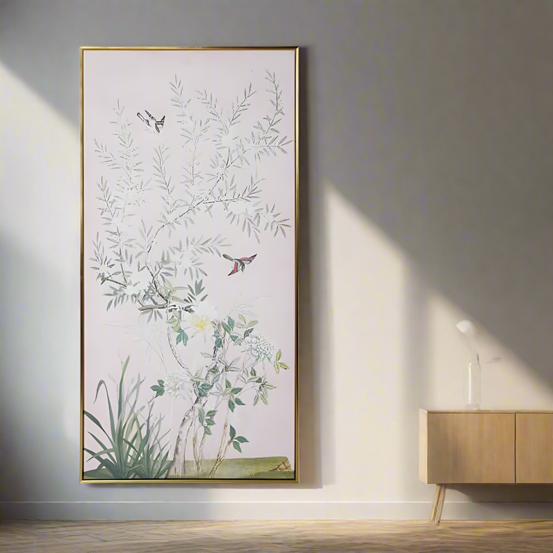 This large vertical canvas showcases a refined chinoiserie design beautifully set against a soft pink background.&nbsp; &nbsp;A gold gilted wooden frame lifts the entire picture giving a touch of elegance to add to your walls.&nbsp; Add ambience and character to your living room, bedroom, dining area, or hallway with these refined prints.

This Chinois canvas can be purchased singularly or as a pair