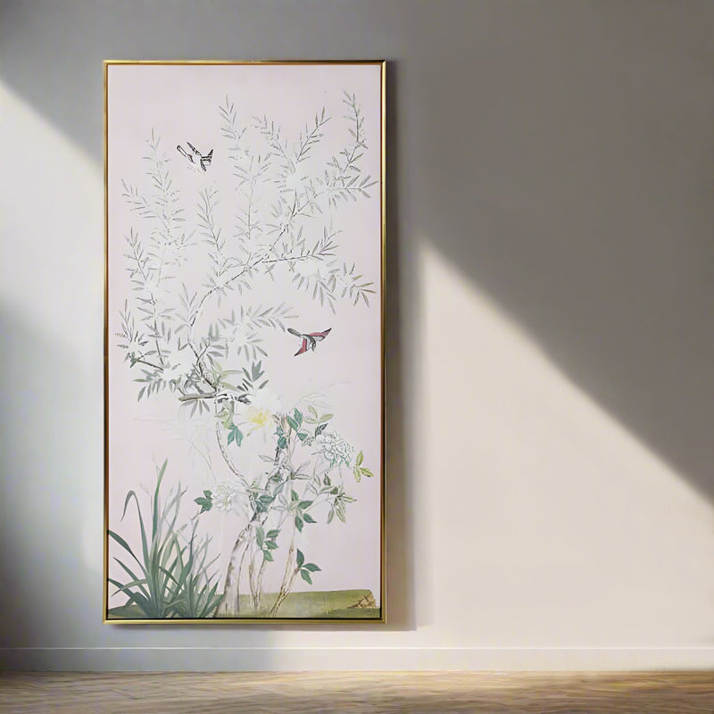 This large vertical canvas showcases a refined chinoiserie design beautifully set against a soft pink background.A gold gilted wooden frame lifts the entire picture giving a touch of elegance to add to your walls.Add ambience and character to your living room, bedroom, dining area, or hallway with these refined prints. We have a range of prints of different subjects and sizes on our website for you to peruse - well worth a look.
